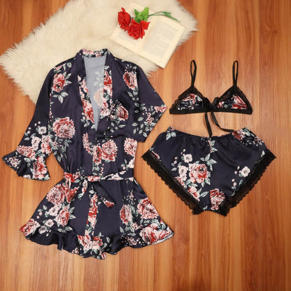 Floral Silk 3-Piece Nightgown Set