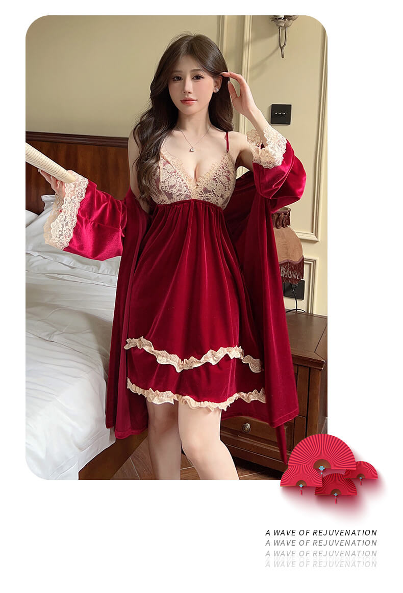 Luxurious Velvet & Lace Nightgown Set - 2-Piece Cozy Winter Pajamas  | Feel Warm, Sexy & Sophisticated.