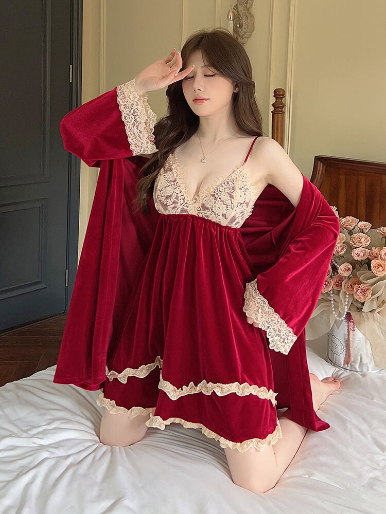 Luxurious Velvet & Lace Nightgown Set - 2-Piece Cozy Winter Pajamas  | Feel Warm, Sexy & Sophisticated.