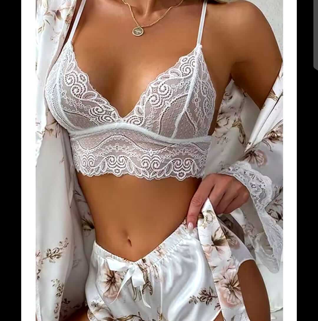 3pc Women Sexy Lingerie Sleepwear Set   Lace & Satin Elegance |  Nighty, Robe & Pajamas |  Feel Glamorous & Cozy.