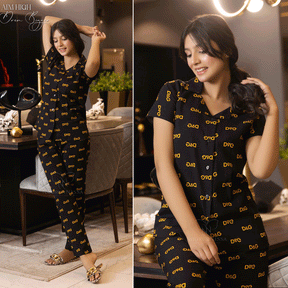 Comfortable Trendy D&G Pattern Black look cotton 2Pcs suit Set for Ladies