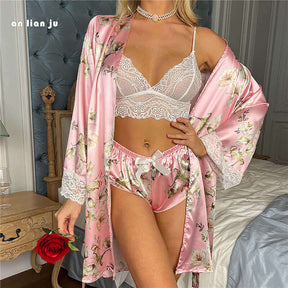 3pc Women Sexy Lingerie Sleepwear Set   Lace & Satin Elegance |  Nighty, Robe & Pajamas |  Feel Glamorous & Cozy.