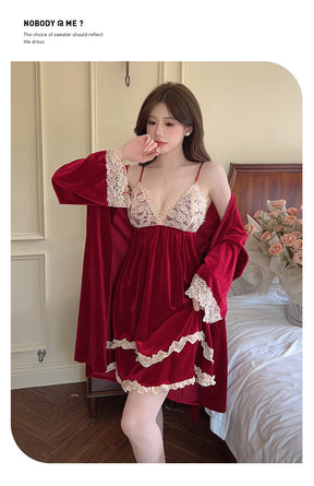 Luxurious Velvet & Lace Nightgown Set - 2-Piece Cozy Winter Pajamas  | Feel Warm, Sexy & Sophisticated.