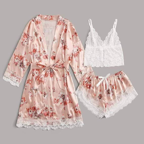 3pc Women Sexy Lingerie Sleepwear Set   Lace & Satin Elegance |  Nighty, Robe & Pajamas |  Feel Glamorous & Cozy.