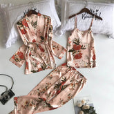 Women's 3-Piece Lace Pajama Set - Elegant Floral Satin Nightwear for Comfort & Style.