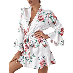 Daisy Floral Silk 3-Piece Nightgown Set - Satin Bow Front & Ruffled Hem | Elegant & Comfortable Sleepwear.