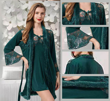 Ice Silk short  Nightgown- 3 Piece Nightwear Set
