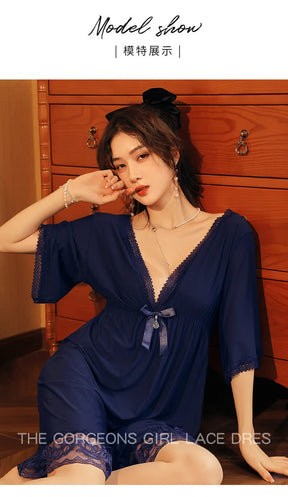 Sexy & Elegant Lace Nightgown - Deep V-Neck Mesh Sleepwear for Women.