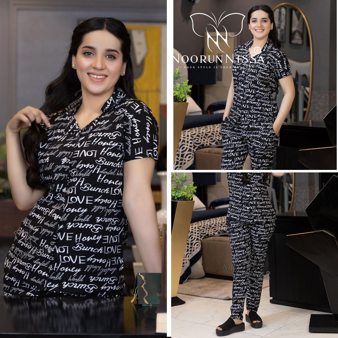 Chic Black Printed Pajama Set.