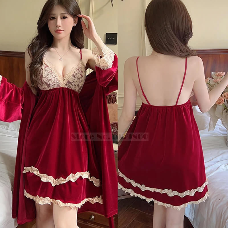 Luxurious Velvet & Lace Nightgown Set - 2-Piece Cozy Winter Pajamas  | Feel Warm, Sexy & Sophisticated.