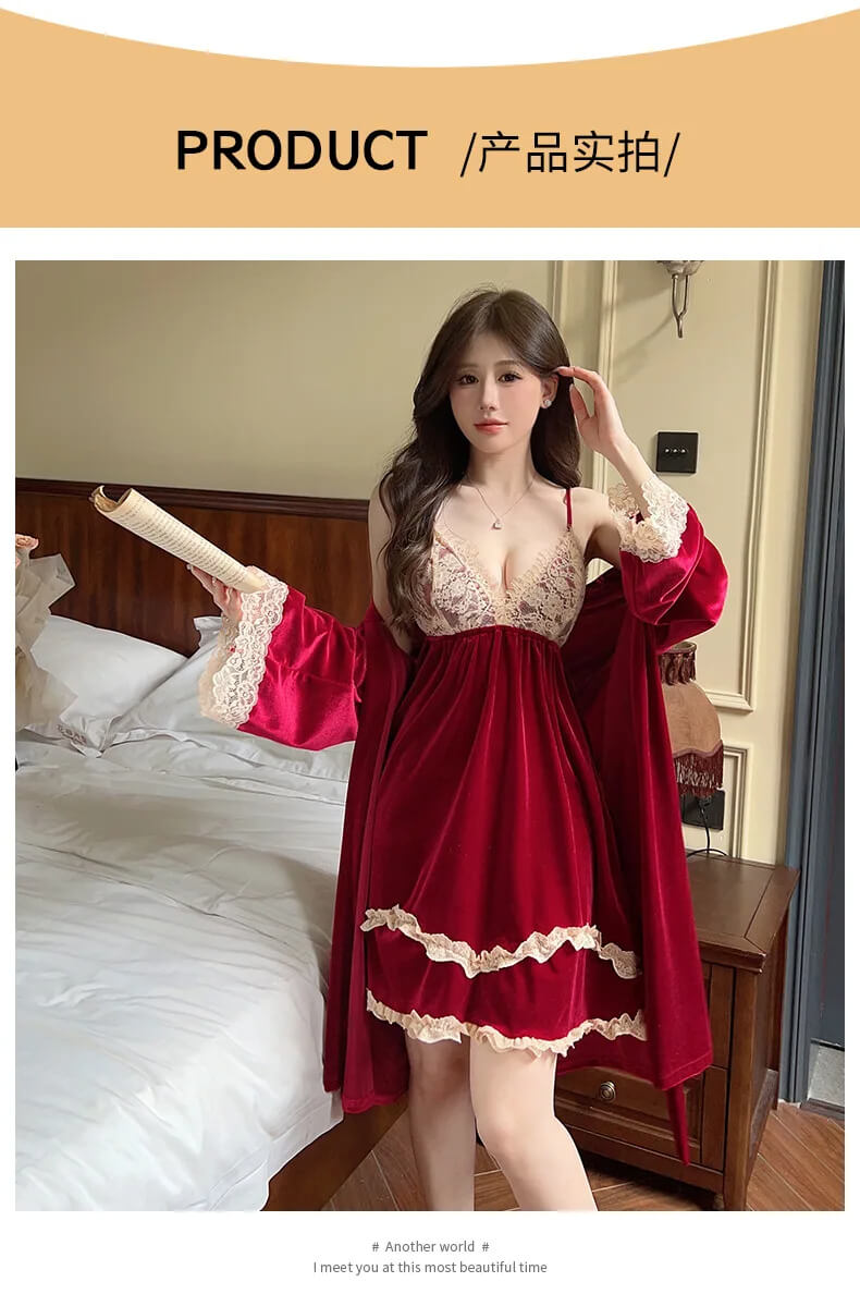 Luxurious Velvet & Lace Nightgown Set - 2-Piece Cozy Winter Pajamas  | Feel Warm, Sexy & Sophisticated.