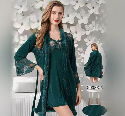 Ice Silk short  Nightgown- 3 Piece Nightwear Set