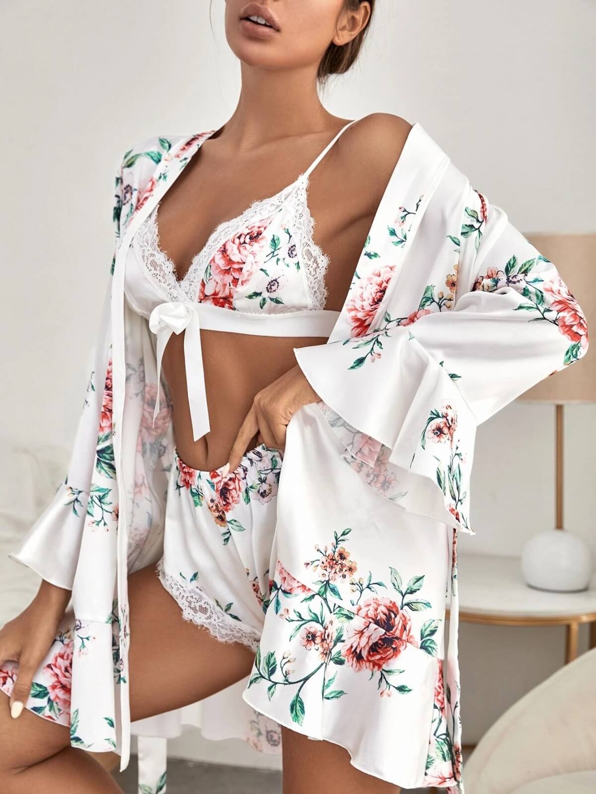 Daisy Floral Silk 3-Piece Nightgown Set - Satin Bow Front & Ruffled Hem | Elegant & Comfortable Sleepwear.