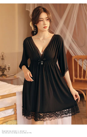 Sexy & Elegant Lace Nightgown - Deep V-Neck Mesh Sleepwear for Women.