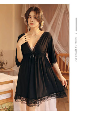 Sexy & Elegant Lace Nightgown - Deep V-Neck Mesh Sleepwear for Women.