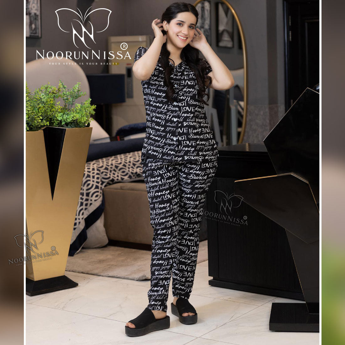 Chic Black Printed Pajama Set.
