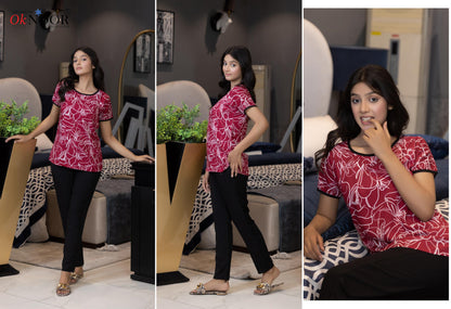 Floral Top & Black Pajama Set .