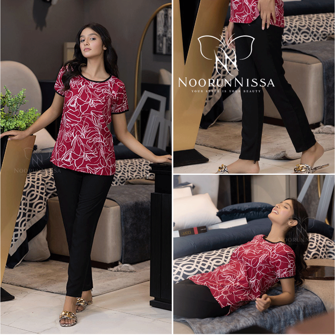 Floral Top & Black Pajama Set .