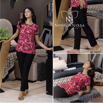 Floral Top & Black Pajama Set .