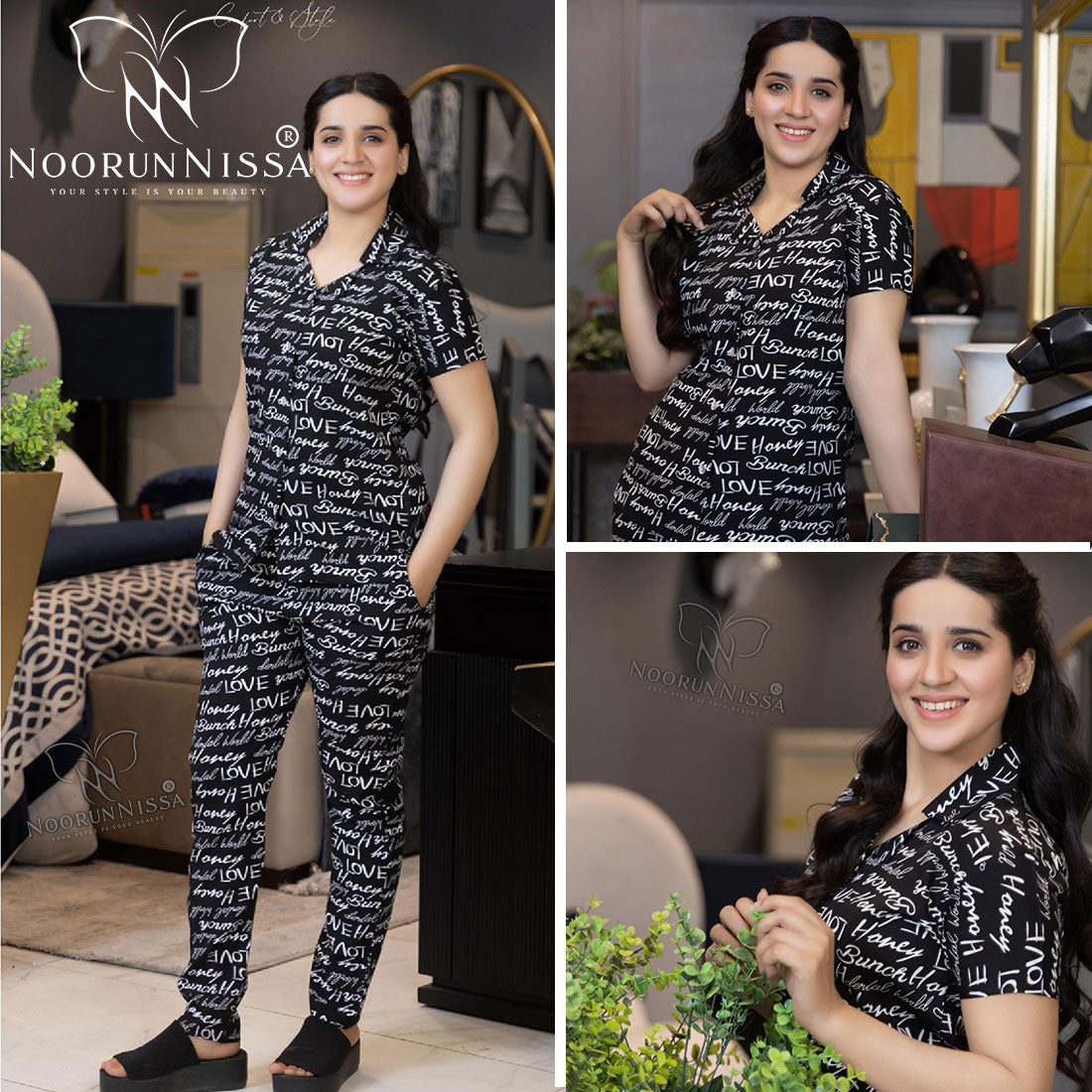 Chic Black Printed Pajama Set.
