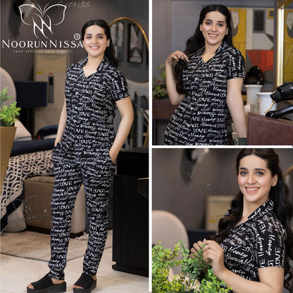 Chic Black Printed Pajama Set.