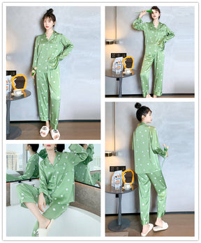 Chic Polka Dot Pajama Set | Fashionable Long Sleeve Cardigan & Pants Set  | Stylish Homewear for Women.