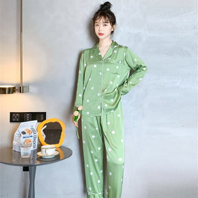 Chic Polka Dot Pajama Set | Fashionable Long Sleeve Cardigan & Pants Set  | Stylish Homewear for Women.