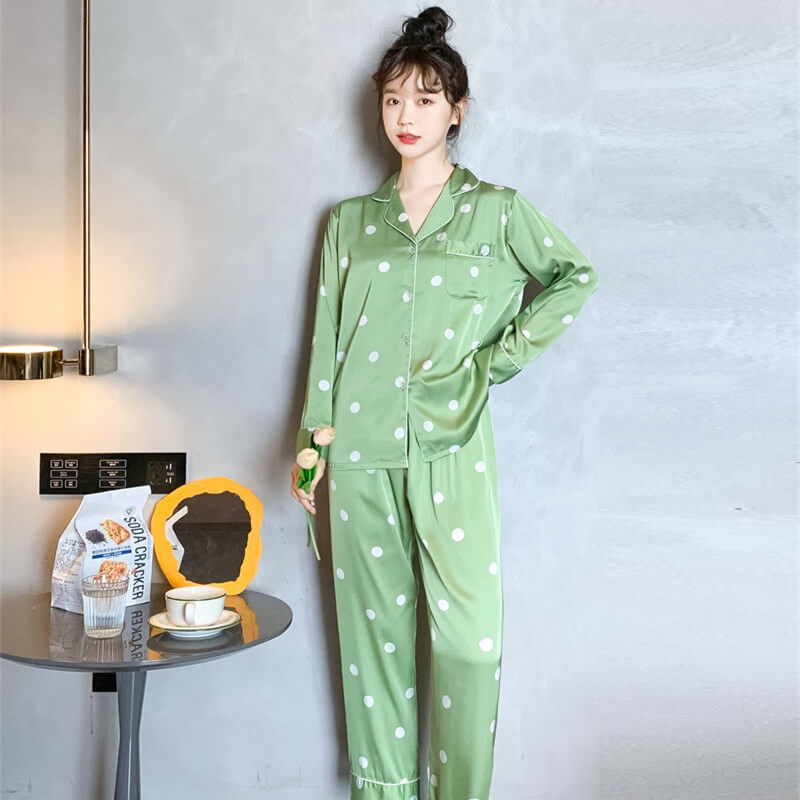 Chic Polka Dot Pajama Set | Fashionable Long Sleeve Cardigan & Pants Set  | Stylish Homewear for Women.