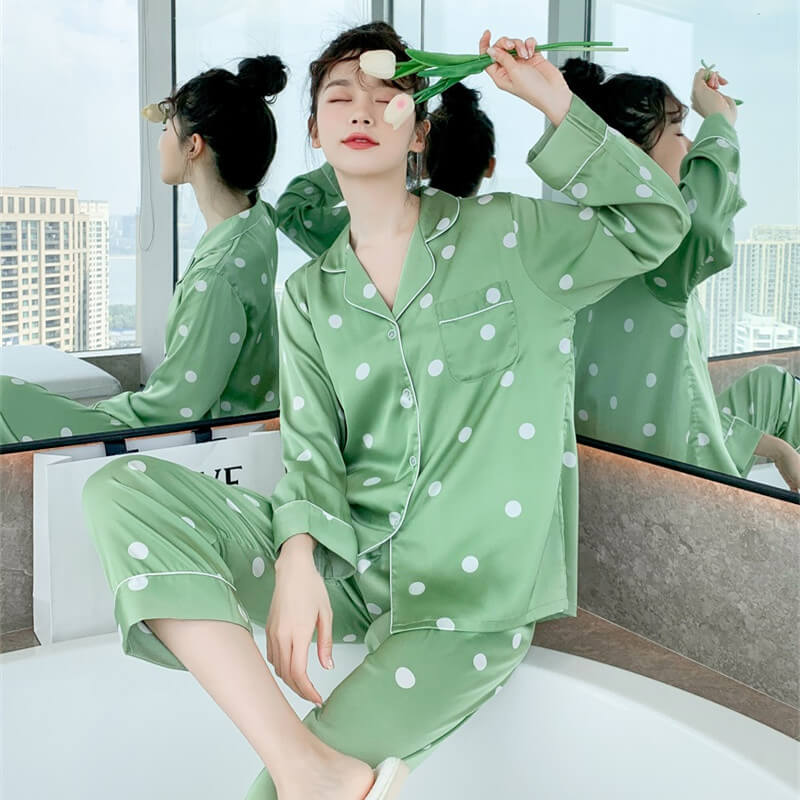 Chic Polka Dot Pajama Set | Fashionable Long Sleeve Cardigan & Pants Set  | Stylish Homewear for Women.