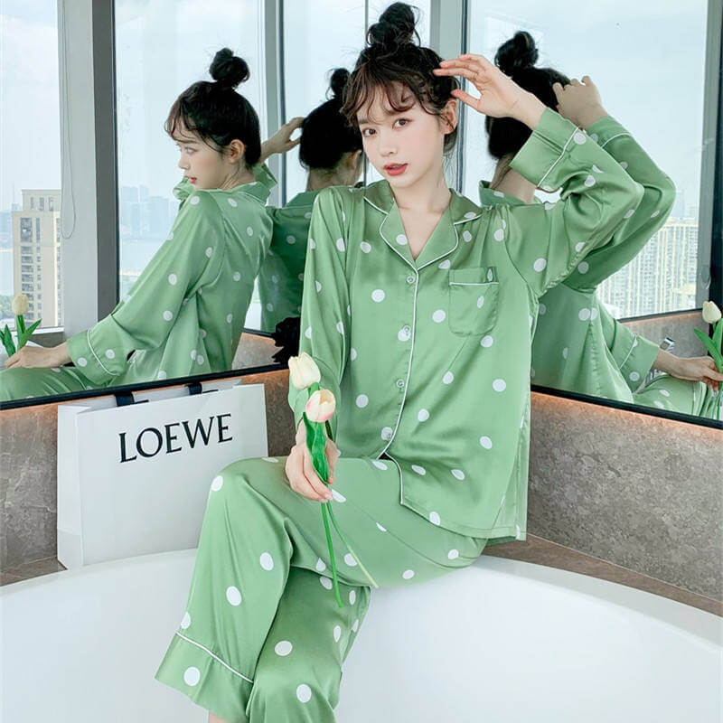 Chic Polka Dot Pajama Set | Fashionable Long Sleeve Cardigan & Pants Set  | Stylish Homewear for Women.