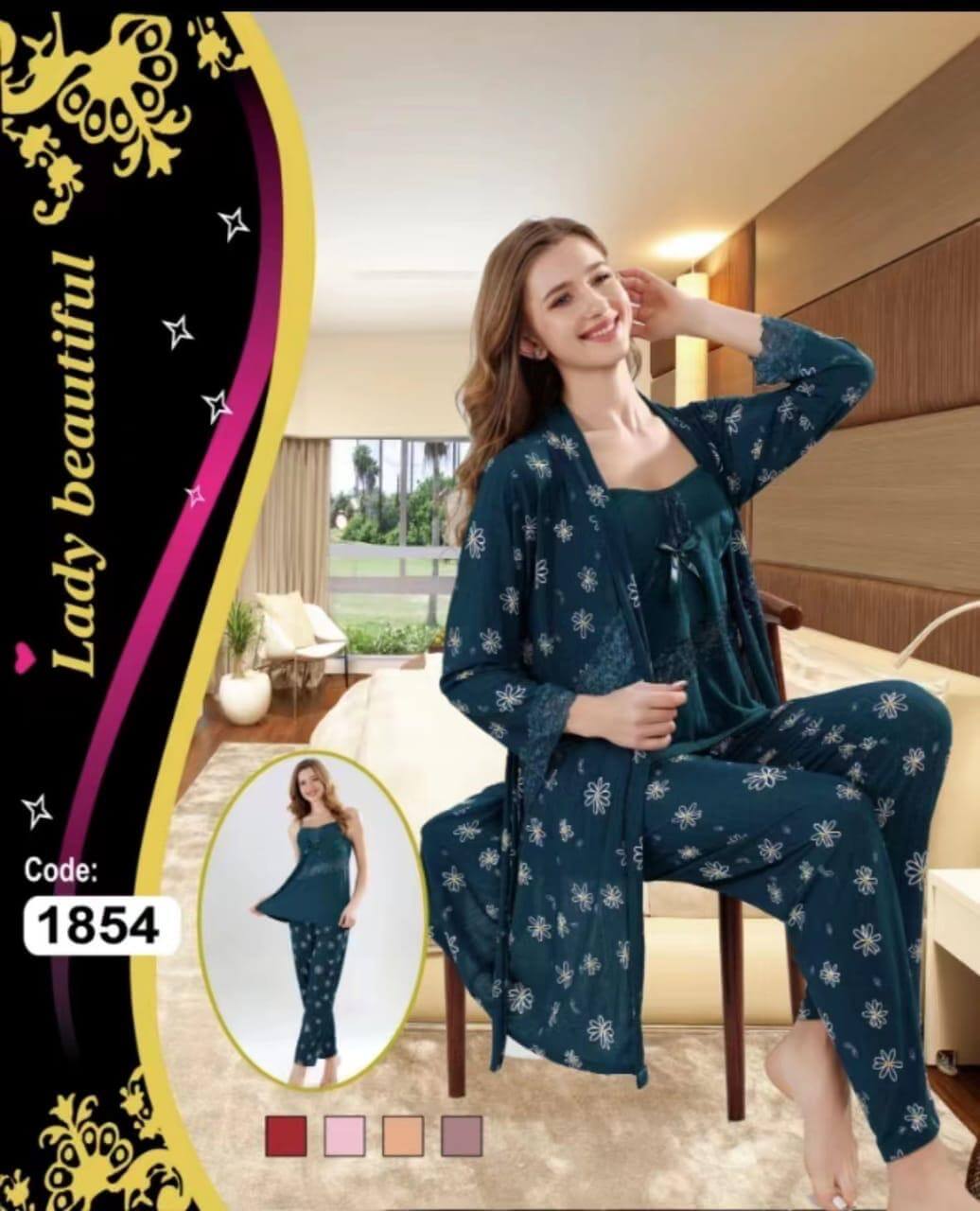 Luxurious Ice Silk 3-Piece Pajamas Set  | Sexy Gold Velvet Suspender & Long Sleeve Rose Design  | Elegant Homewear for Women