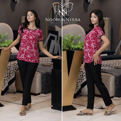 Floral Top & Black Pajama Set .