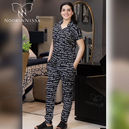Chic Black Printed Pajama Set.