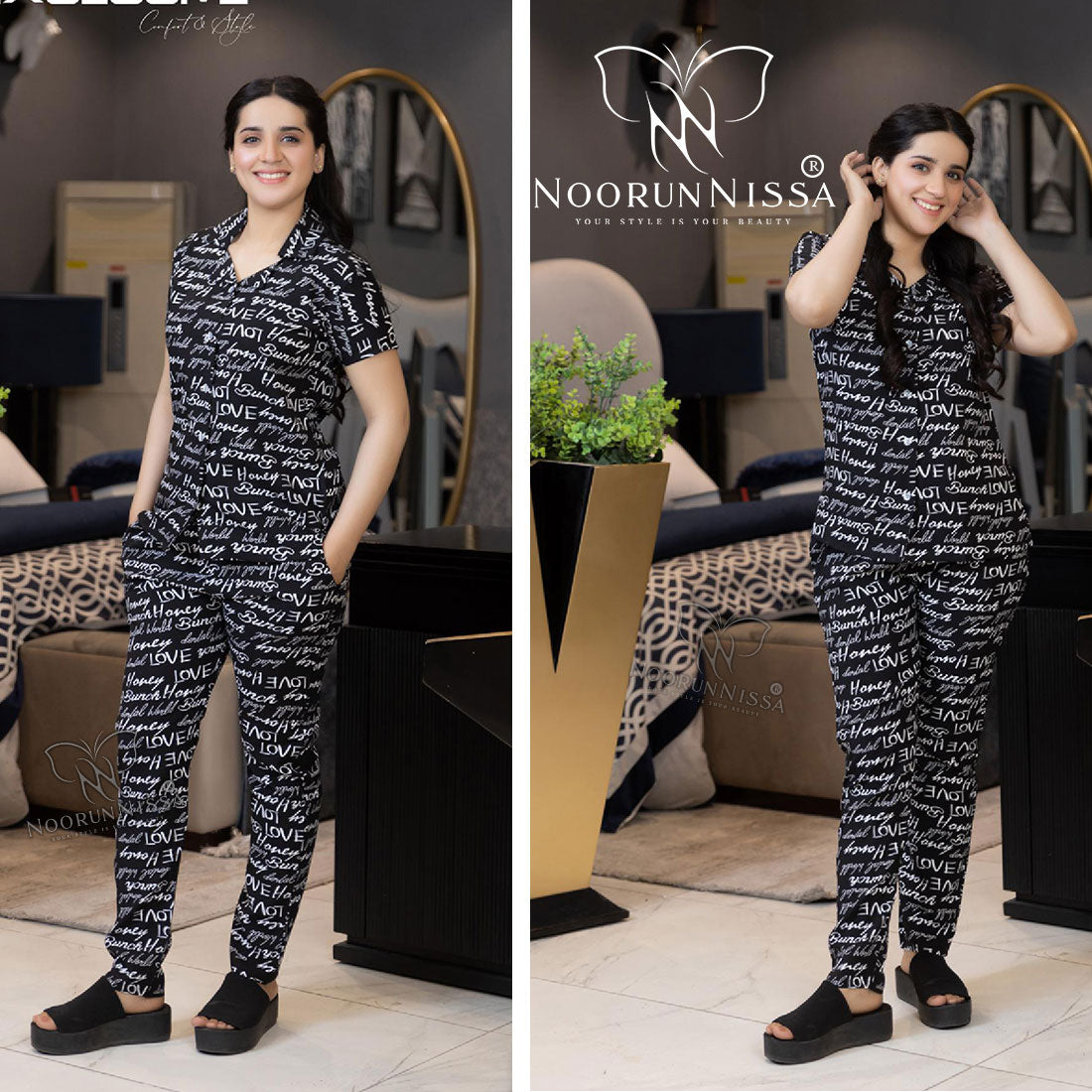 Chic Black Printed Pajama Set.