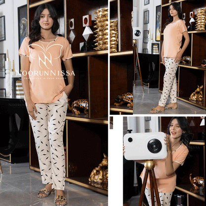 Women's Soft Cotton Pajama Shirt & Printed Trouser Set.